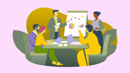 Illustration of a business presentation with people around a table looking at a chart on a whiteboard