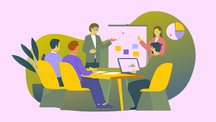 Illustration of a business meeting with people around a table and a presentation on a whiteboard