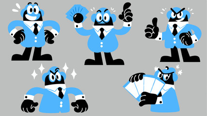 Fototapeta premium Illustrations of a cartoon businessman in a blue suit with various poses and expressions on a gray background