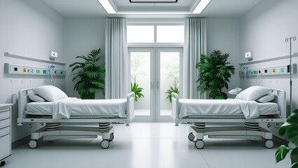 minimalist all-white hospital room interior, two clean hospital beds with crisp white linens, soft natural lighting, white walls and flooring, subtle modern medical equipment