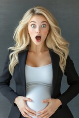 Surprised woman in business attire with hands on her pregnant belly against a solid dark background