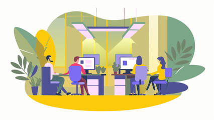 Illustration of four people working at computers in an office with plants and modern lighting fixture