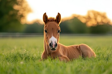 Fototapeta premium Adorable Chestnut Foal Lying Down in Lush Green Pasture. Used for calendar, poster, banner, web, Chinese Calendar 2026 Symbol