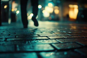 Obraz premium Nighttime city street, person walking, wet cobblestones