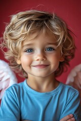 Portrait of a smiling boy with angel wings in a bright studio setting during the afternoon light