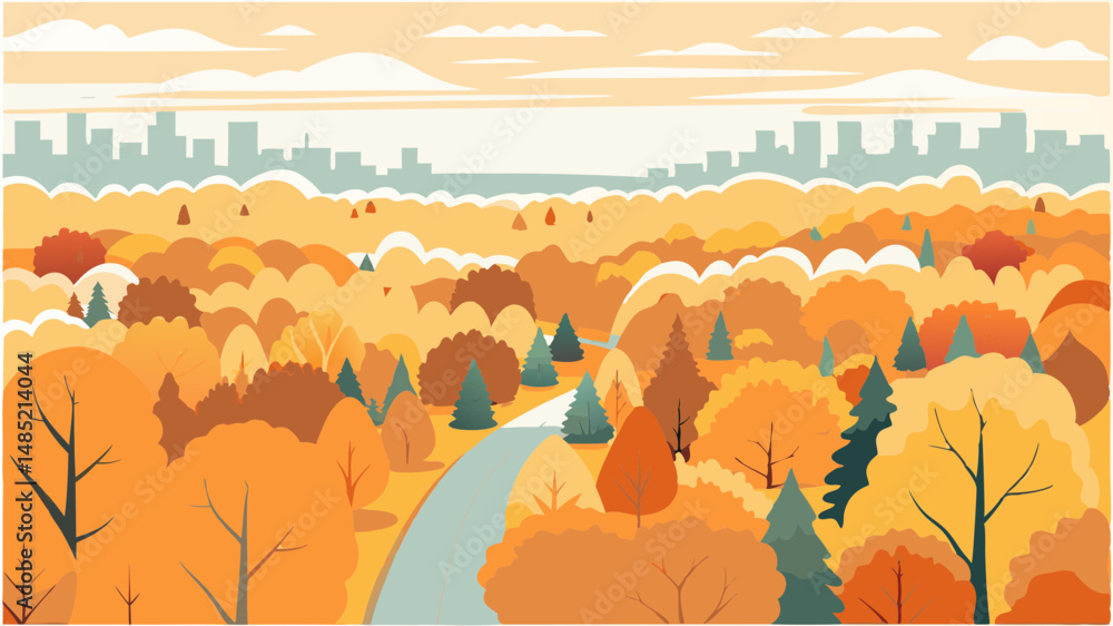 Poster a cityscape view through a forest of autumn trees with a winding road and cloudy sky in the backgrou