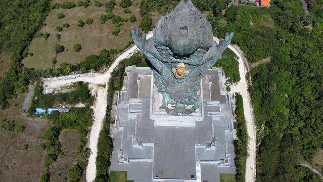 Garuda Wisnu Kencana (GWK) Cultural Park in Bali &ndash; Aerial Drone Footage of Iconic Statue and Scenic Landscape