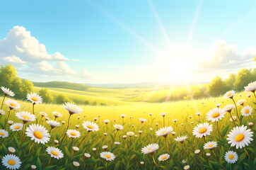 Field of red flowers Colorful wildflowers bloom in a lush field with mountains and a bright blue sky in the background.generative ai