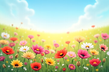 Obraz premium Field of red flowers Colorful wildflowers bloom in a lush field with mountains and a bright blue sky in the background.generative ai