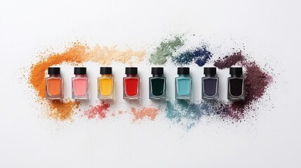 Rainbow Nail Polish Bottles Arranged in a Circle on White Background