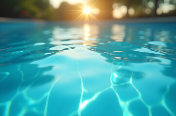 Fototapeta premium Blue Pool Illustration A sparkling pool stretches towards a modern house, bathed in warm sunlight,generative ai