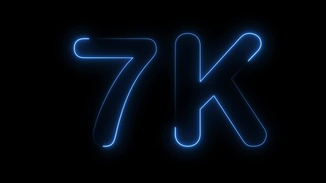 Glowing neon light 7k followers or subscribers celebration text animation on black background, Number 7k Neon Futuristic Effect, Trendy Glow Lighting, 7k