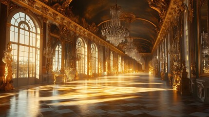 Obraz premium Golden Hallway: Sunlit Baroque Palace Interior