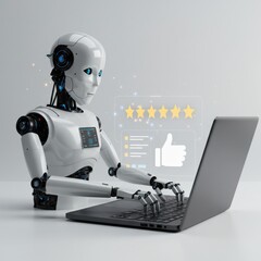 Robot using laptop isolated on white background, for customer service.