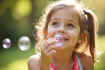 Little girl blowing soap bubbles overalls is smiling while blowing bubbles in the air, on a sunny day.generative ai