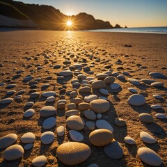 A golden sunrise casting long shadows over smooth pebble stones on a tranquil beach.