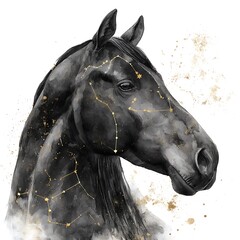 Majestic Black Horse Portrait with Celestial Constellation Design. An elegant illustration featuring a black horse head and neck adorned with golden stars.