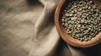 焙煎前のコーヒー生豆を木製のボウルに入れ、柔らかな麻布の上に置いたナチュラルな構図。コーヒー関連コンテンツやオーガニックライフスタイル、スローな暮らしをテーマにしたデザインに最適なイメージです。