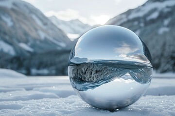 Silver Metal Sphere Reflecting Snowy Mountain Landscape Varient 1