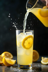 Broc de limonade versant un verre, tranches de citron, jet, isolé sur fond noir, gros plan sur l'action