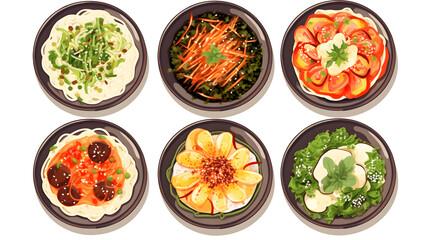 Professional Korean Food Dishes Top View Cartoon Vector Illustration for Design Projects