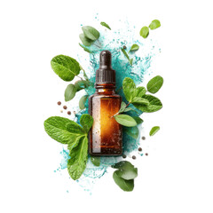 Amber Bottle of Essential Oil with Mint and Eucalyptus Leaves on Blue Splash Background