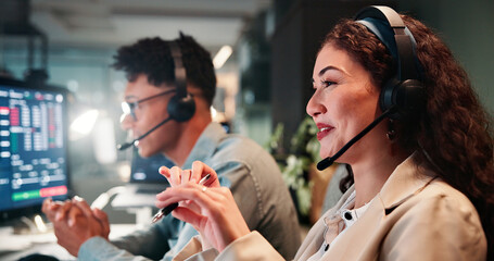 Trading support, talking or woman on computer for customer service, investment advice and market insight. Contact us, call center and happy broker with query for financial news, assistance and data