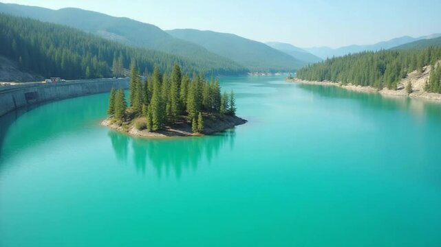 Turquoise lake with a dam holding back the water. A small island is in the middle of the lake. The camera is slowly panning from left to right