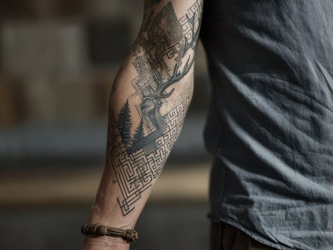 Intricate tattoo design on a forearm depicting a forest and maze.