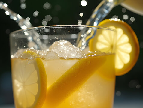 Gros plan sur verre servi de limonade fra&icirc;che avec jet visible, isol&eacute; sur fond noir