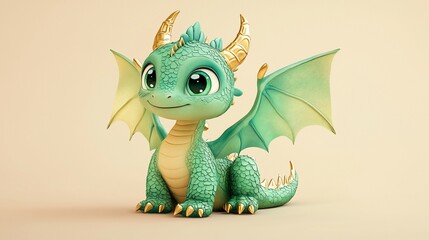 Obraz premium Cute Dragon Sitting, Light Beige Background (1)