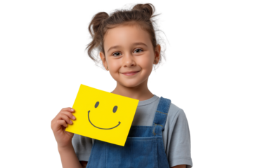  cheerful little girl holding smiley face card isolated on white background