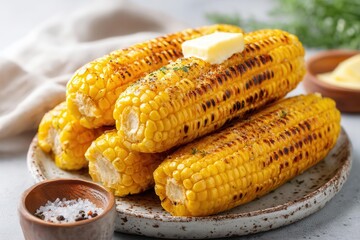 Grilled corn on the cob topped with butter, served on a rustic plate with seasonings