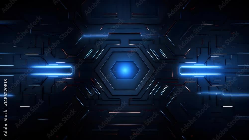 Poster futuristic hexagonal panel with blue illuminated lines and dark background design