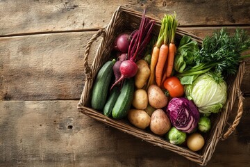 Freshly harvested vegetables in a rustic basket on a wooden table, showcasing vibrant colors (2)