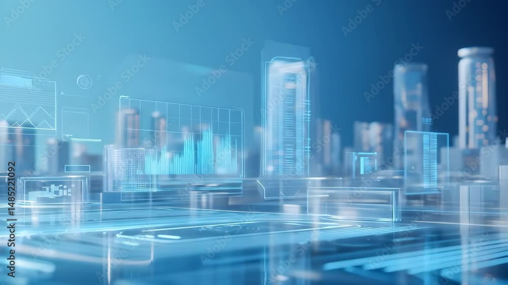 Poster futuristic digital cityscape rendered in blue tones with data overlay and connected structures