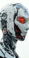 Fototapeta premium Detailed Robot Head and Torso with Intricate Mechanical Parts and Glowing Red Eye