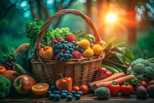 Colorful Assortment of Fresh Fruits and Vegetables in a Basket on a Wooden Table Outdoors National Eat More Fruits and Vegetables Day

