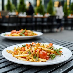 A plate of fries garnished with cherry tomatoes and greens is served outdoors on a table, with another dish and people blurred in the background.