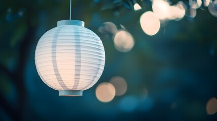 Obraz premium Hanging Paper Lantern Illuminating a Garden Party Atmosphere Decorative White Globe Lanterns Create a Warm and Festive Outdoor Lighting