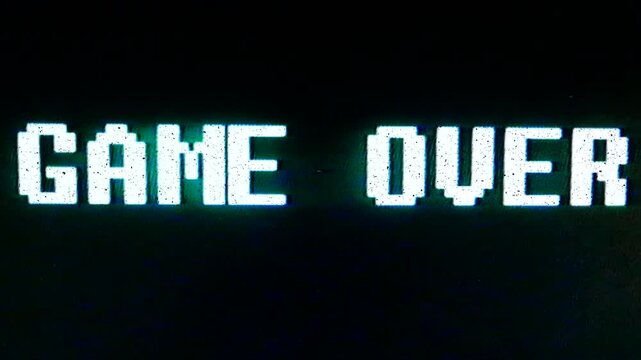 Game Over in text titles. Classic arcade, video noise and static. All original elements manipulated on damaged analog tape, captured with a 4K camera.