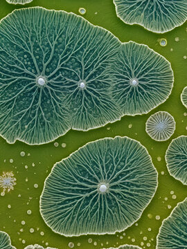 Microscopic fungi Malassezia furfur, showing yeast cells and hyphae. They are associated with dandruff, seborrhoeic dermatitis and tinea versicolor. Skin scraping for fungus.