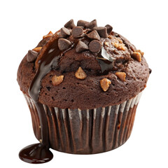 Decadent Chocolate Chip Muffin with Drizzled Chocolate Sauce isolated PNG or Transparency Background