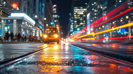 Obraz premium Vibrant neon lit city street at night, showcasing bustling atmosphere with colorful lights and moving vehicles