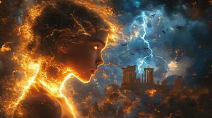 Fiery figure amidst storm and ancient ruins