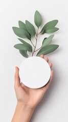 Hand Holding White Circle Compact Mirror with Eucalyptus Leaves on Granite Background