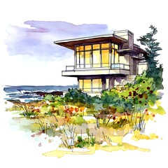 Coastal Modern Home Architectural Illustration Watercolor and Ink Sketch of a Beach House.