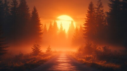 Misty forest road, sun setting, golden light, trees silhouette