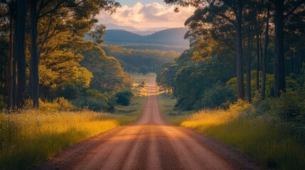 A dirt road stretches towards distant hills through sunlit trees in a serene landscape
