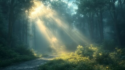 Sunlight streams through a misty forest, illuminating the lush green path